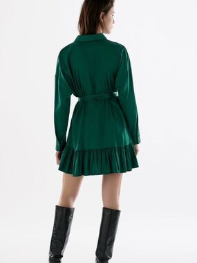 Zara Emerald Green Long-Sleeve Mini Dress with Ruffle Hem